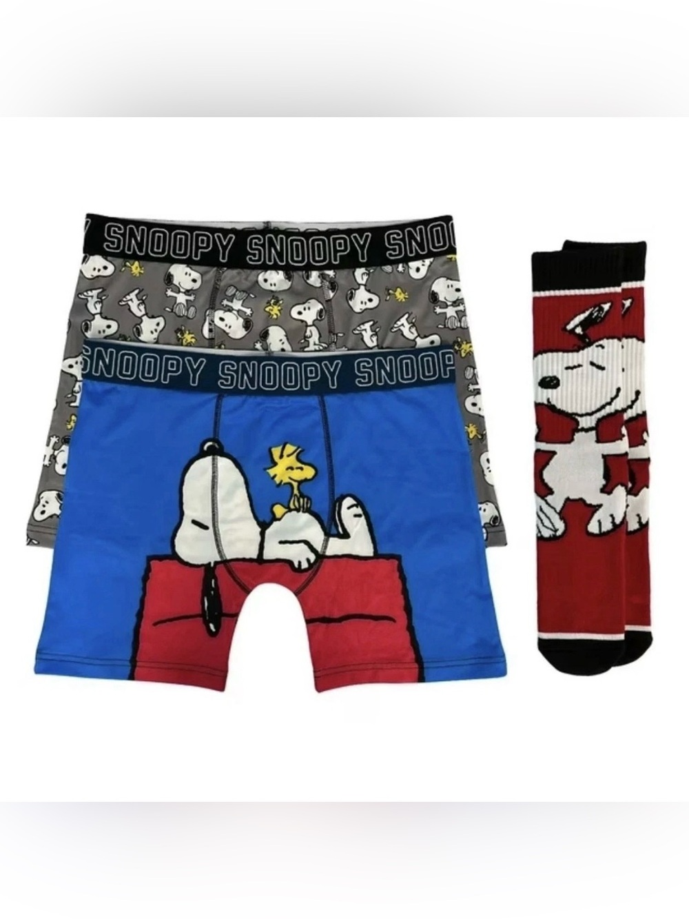 Snoopy Men's Blue & Gray Boxer Briefs with Red Accent - Peanuts Graphic Set